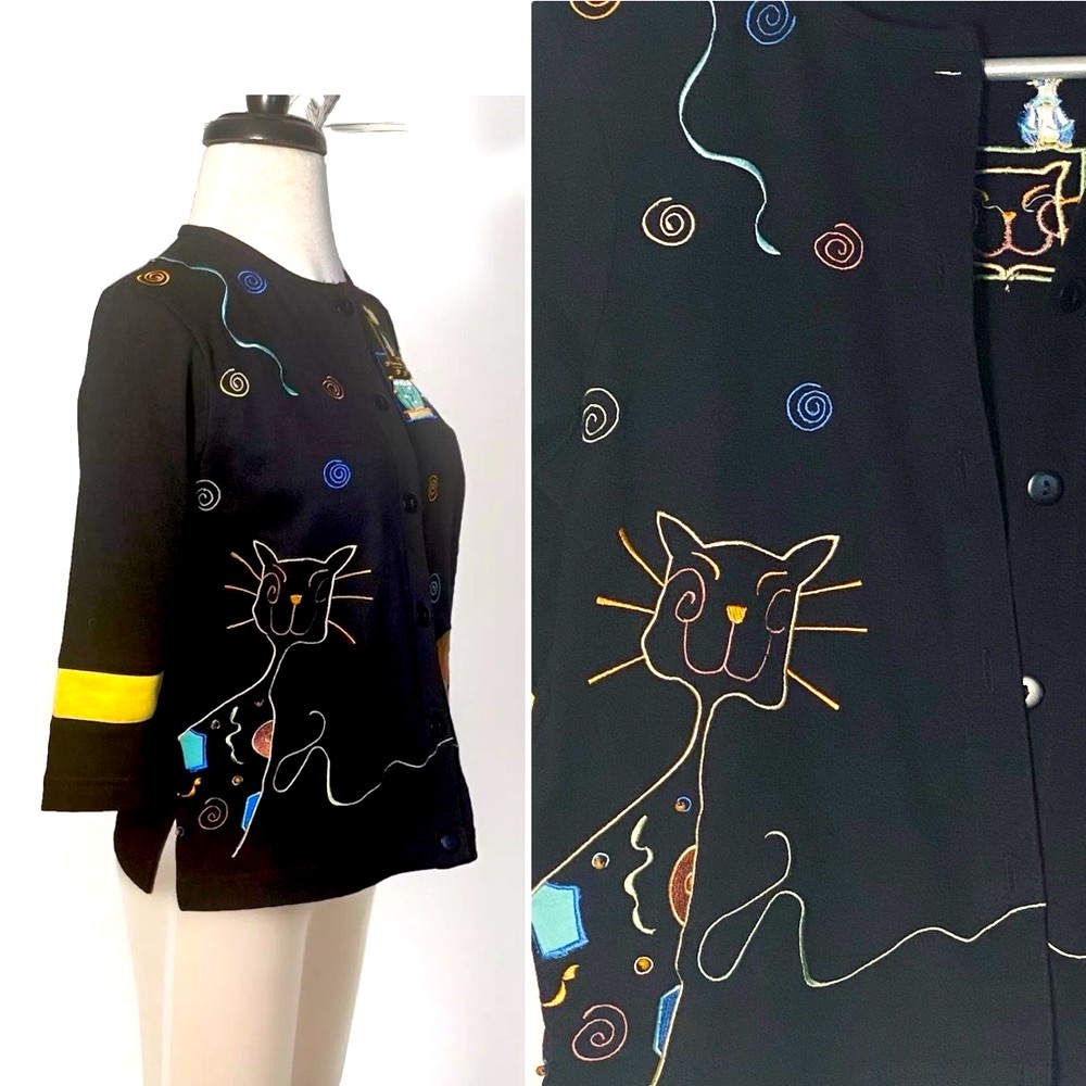 Vintage Onque Petite Black Cardigan With Abstract Kitty Playing w/Balls Of Yarn